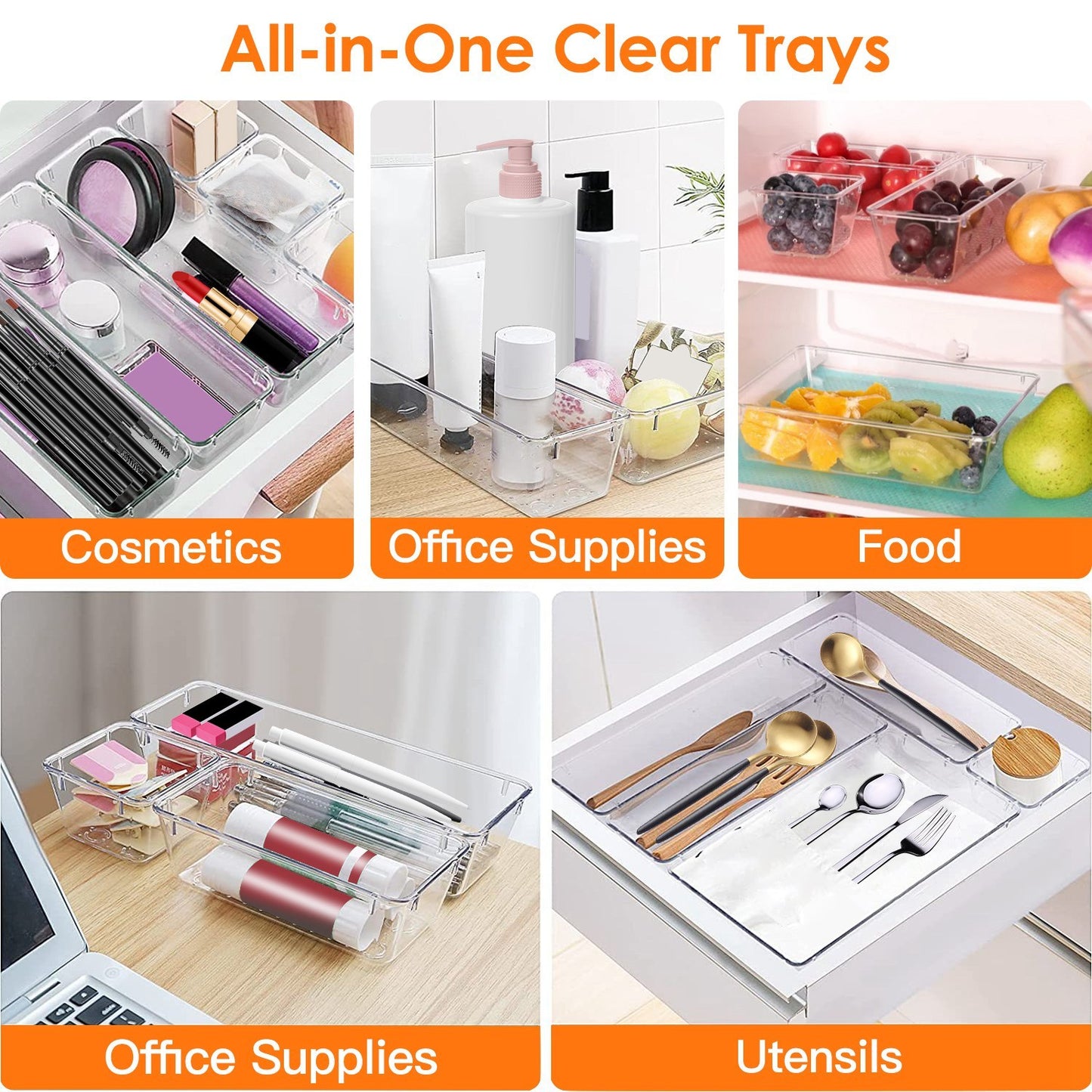 25Pcs Clear Plastic Drawer Organizers Set 4 Sizes Desk Drawer Dividers Trays Storage Bins For Vanity Cabinet Makeup Bathroom Office Kitchen Bedroom Jewelry