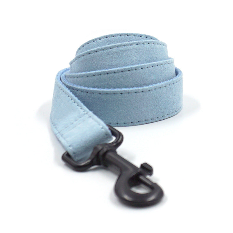 Light Blue Short Velvet Black Buckle Pet Collar Leash Bow