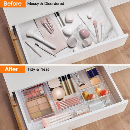 25Pcs Clear Plastic Drawer Organizers Set 4 Sizes Desk Drawer Dividers Trays Storage Bins For Vanity Cabinet Makeup Bathroom Office Kitchen Bedroom Jewelry