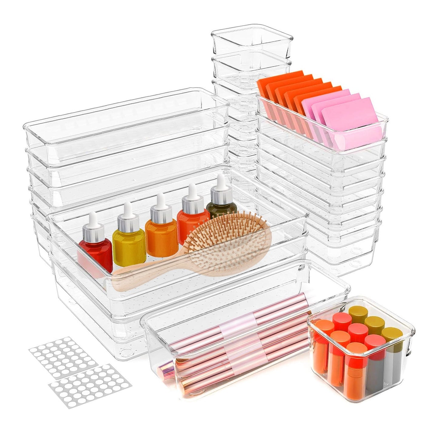 25Pcs Clear Plastic Drawer Organizers Set 4 Sizes Desk Drawer Dividers Trays Storage Bins For Vanity Cabinet Makeup Bathroom Office Kitchen Bedroom Jewelry