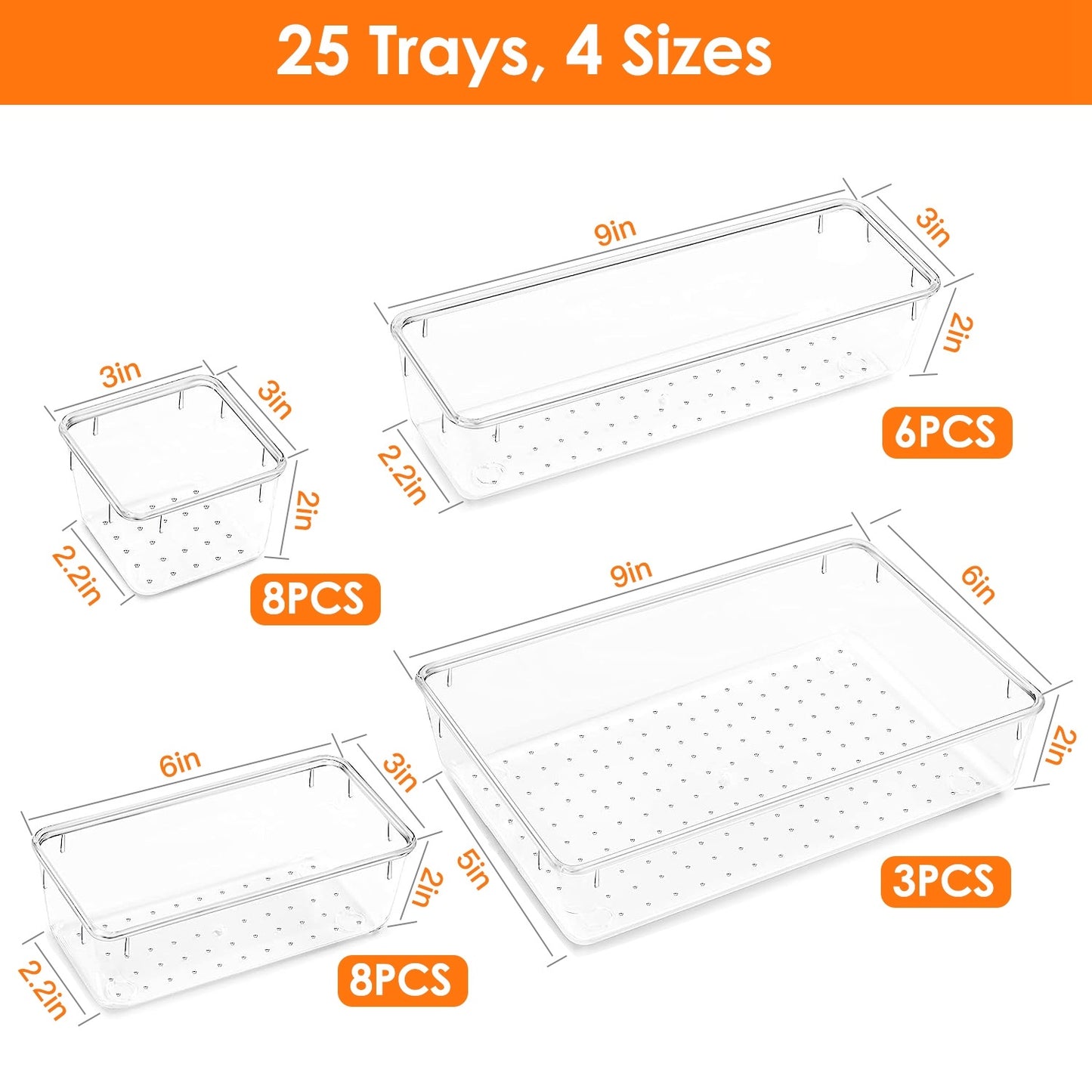 25Pcs Clear Plastic Drawer Organizers Set 4 Sizes Desk Drawer Dividers Trays Storage Bins For Vanity Cabinet Makeup Bathroom Office Kitchen Bedroom Jewelry