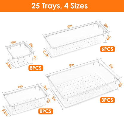 25Pcs Clear Plastic Drawer Organizers Set 4 Sizes Desk Drawer Dividers Trays Storage Bins For Vanity Cabinet Makeup Bathroom Office Kitchen Bedroom Jewelry