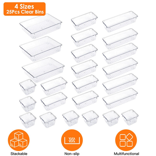 25Pcs Clear Plastic Drawer Organizers Set 4 Sizes Desk Drawer Dividers Trays Storage Bins For Vanity Cabinet Makeup Bathroom Office Kitchen Bedroom Jewelry